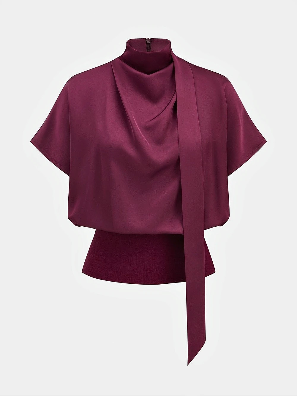 Commense Draped Satin Mock Neck Blouse with Tie